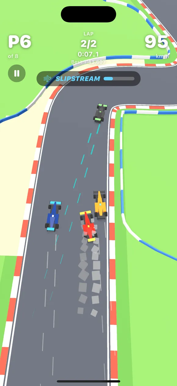 Pocket GP: three cars braking side by side into a corner, tyres smoking