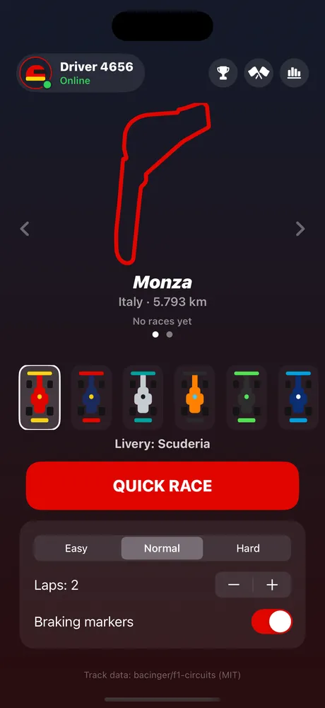 Pocket GP home screen with circuit and livery picker